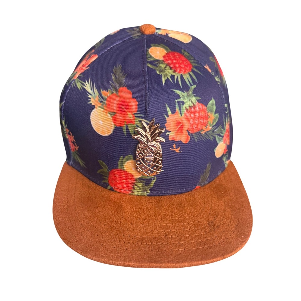 Cayler & Sons Pineapple Tropical Print Snapback Hat Navy Blue Tan Flat Brim Hat